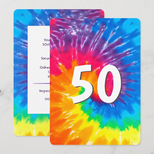 Neon Rainbow Tie Dye 50: e födelsedagsinbjudan Inbjudningar (Fram/baksida)