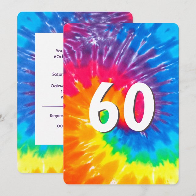 Neon Rainbow Tie Dye 60: e födelsedagsinbjudan Inbjudningar (Fram/baksida)