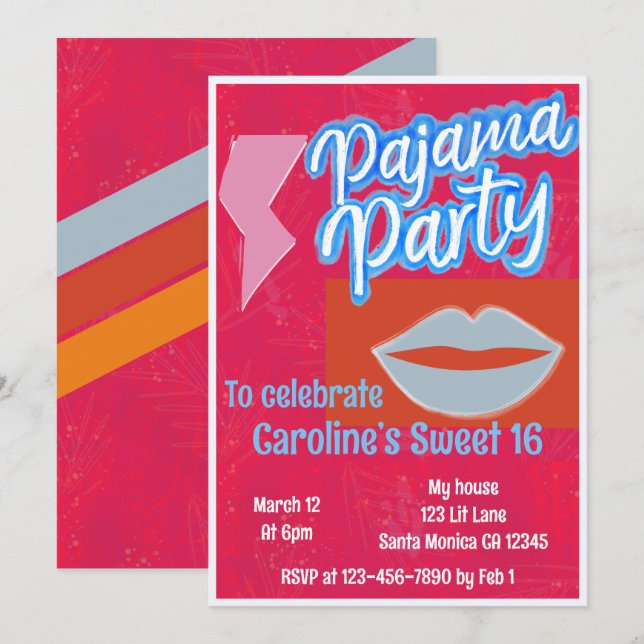 Neon Rand Preppy Pajama Party Birthday Inbjudningar (Fram/baksida)