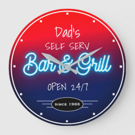 Neon Red Blue Script Pappa eller valfri Namn Pub G Stor Klocka