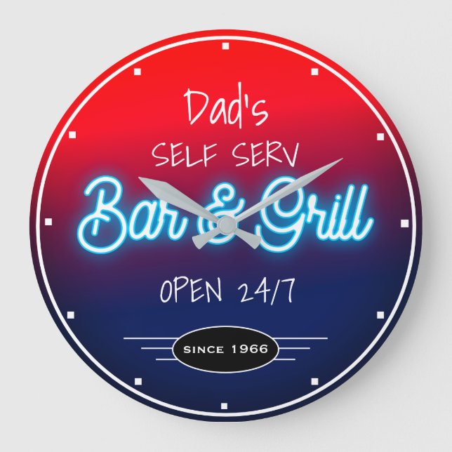 Neon Red Blue Script Pappa eller valfri Namn Pub G Stor Klocka (Framsida)
