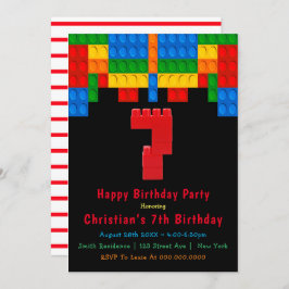 Neon Red Byggnad Blocks 7:e Birthday-inbjudningar