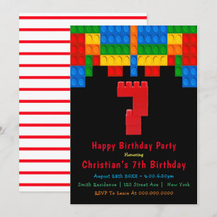Neon Red Byggnad Blocks 7:e Birthday-inbjudningar