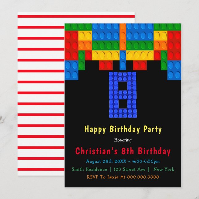 Neon Red Byggnad Blocks 8:e födelsedagsinbjudan (Fram/baksida)