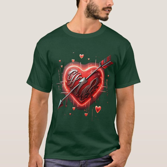 Neon Red Heart & Silver Arrow Trendig 3D Romantic T Shirt (Framsida)