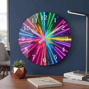 Neon Regnbåge Ljus Burst Abstrakt Färgrik Modern Rund Klocka