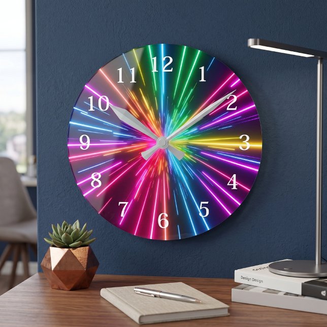 Neon Regnbåge Ljus Burst Abstrakt Färgrik Modern Rund Klocka (Skapare uppladdad)