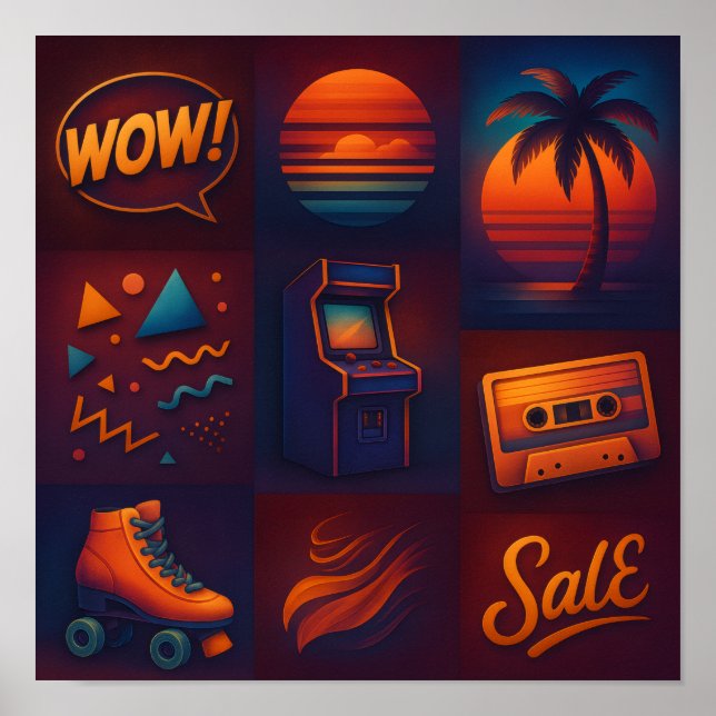 Neon Retro 80-tals Popkultur Collage Konsttryck Poster (Framsidan)
