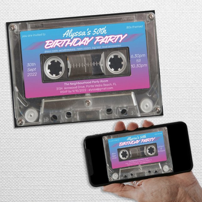 Neon Retro 80s Kassett 50:e Födelsedagsfesten Inbjudningar (Neon Retro 80s Cassette 50th Birthday Party Invitation)