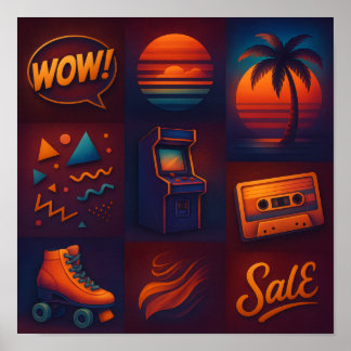 Neon Retro 80s Pop Culture Collage Art Print Poster