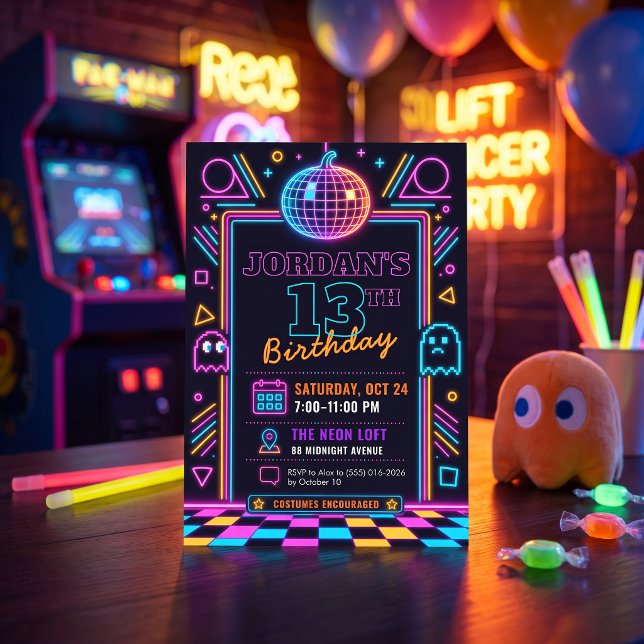 Neon Retro Arkadhalloween 13-års födelsedagsinbjud Inbjudningar (Skapare uppladdad)