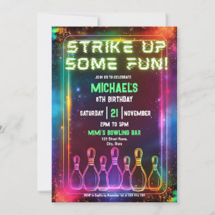 Neon Retro Bowling Strejka upp Roligt Party Inbjudningar