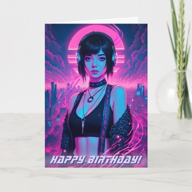 Neon Retro Cyber Punk Sten Girl Kort (Framsida)