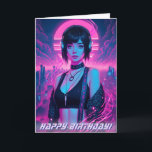 Neon Retro Cyber Punk Sten Girl Kort<br><div class="desc">Ett häpnadsväckande cyberpunk-inspirerat mästerverk med en häftig, futuristiska flicka mot ett neondränkt citysslande. Hennes kort svarta hår ramar är ett bestämt uttryck eftersom lysande hörlurar vilar på hennes huvud och blandar teknik med stil. Hon är klädd i en elegant, edgy apparat med lysande symboler på sina band och en päls-klädd...</div>