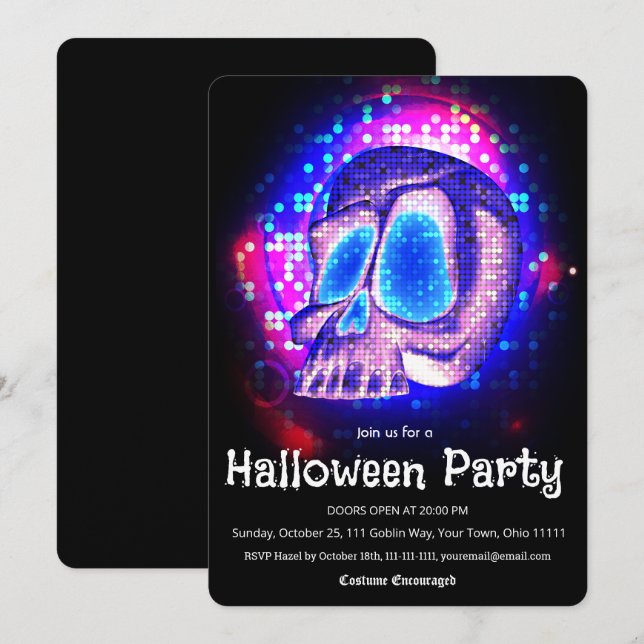 Neon Retro Disco Döskalle Halloweenfest Inbjudningar (Fram/baksida)