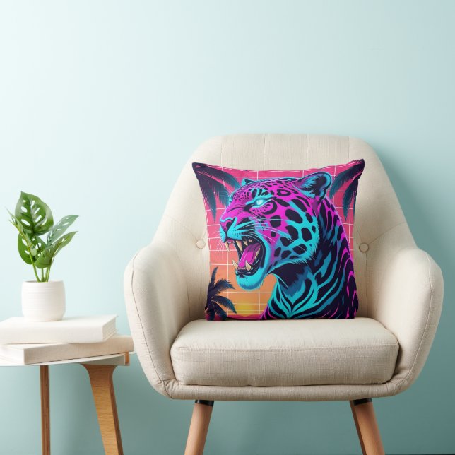 Neon Retro Jaguar - Vibrant Synthwave 80s Animal D Kudde (Stol)
