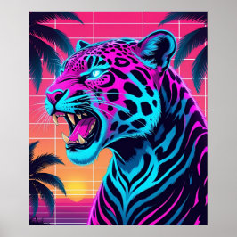 Neon Retro Jaguar - Vibrant Synthwave 80s Animal D Poster