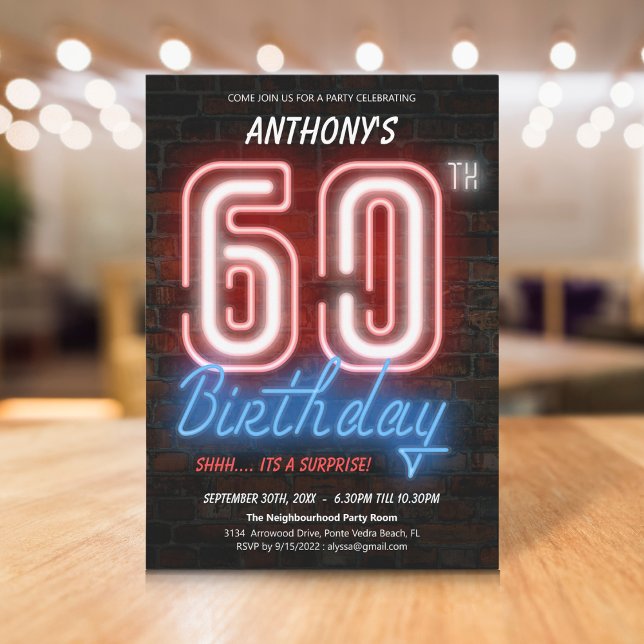 Neon Retro Surprise 60:e födelsedagen Inbjudningar (Neon Retro Surprise 60th Birthday Invitation)