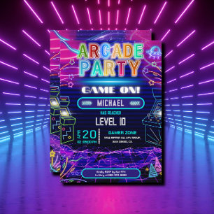 Neon retro videospel firande födelsedagsfest inbjudningar