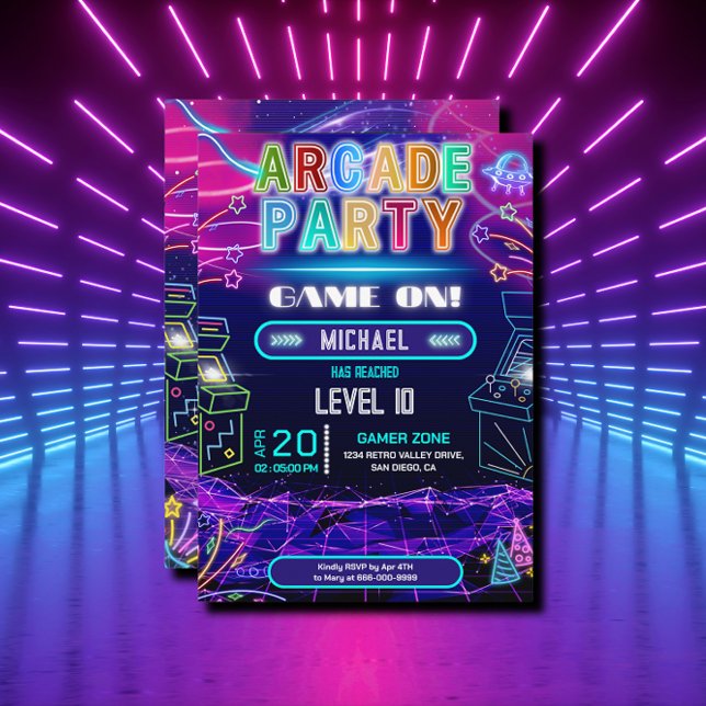 Neon retro videospel firande födelsedagsfest inbjudningar (Neon retro arcade gaming party invitation)