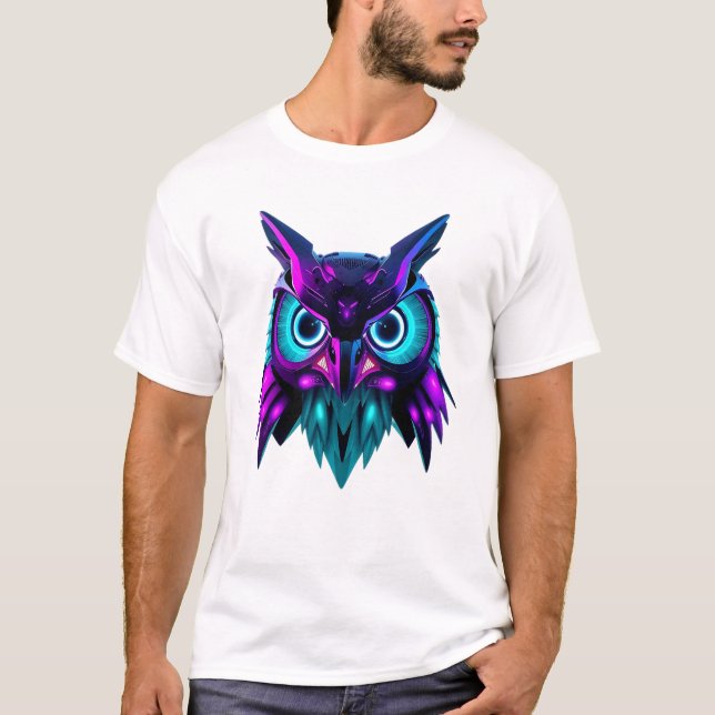 Neon Robotic Uggla Ansikte Art T Shirt (Framsida)
