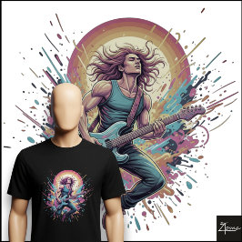 Neon Rock Guitarist Jumping Paint Splatter T Shirt