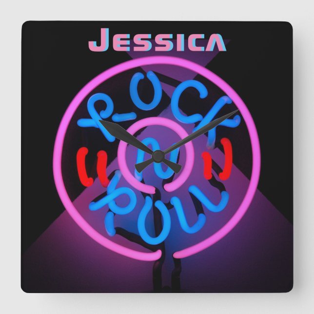 Neon Rock n Roll Rosa Black Clock Girls Room Fyrkantig Klocka (Framsida)