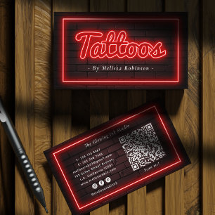 Neon Röd & Mörk Tegelvägg Tatoveringsartist QR-kod Visitkort
