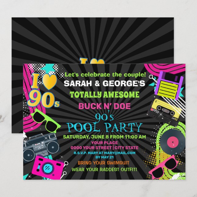 Neon Roligt Par Totalt Awesome 90talet Poolparty   Inbjudningar (Fram/baksida)