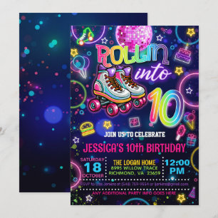 Neon Roller Skate 10:e födelsedagsinbjudan Inbjudningar