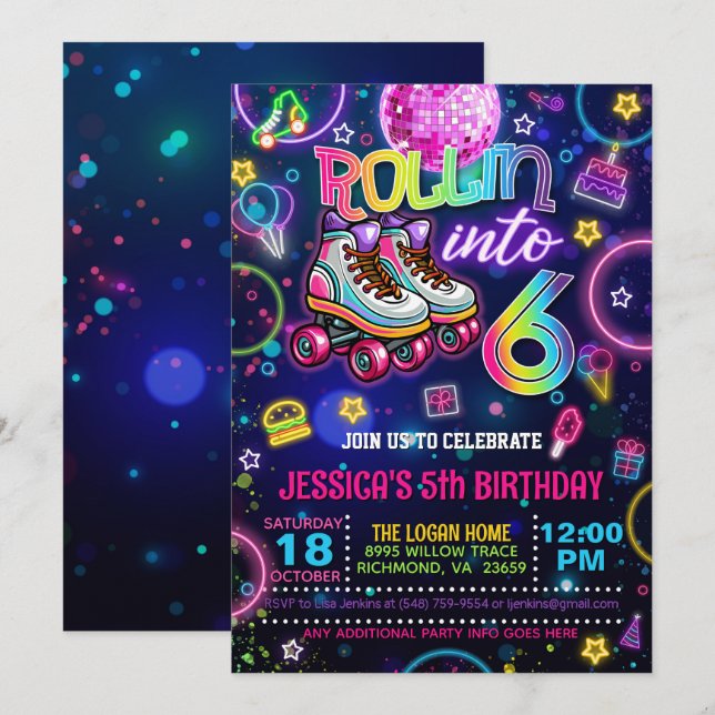 Neon Roller Skate 6e Birthday-inbjudan Inbjudningar (Fram/baksida)