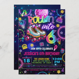 Neon Roller Skate 6e Birthday-inbjudan Inbjudningar