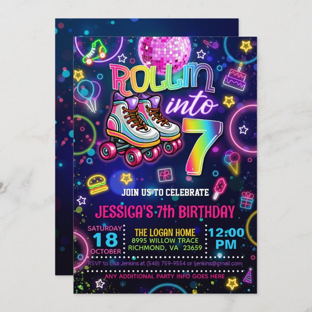 Neon Roller Skate 7:e Birthday-inbjudan Inbjudningar (Fram/baksida)