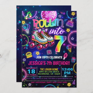 Neon Roller Skate 7:e Birthday-inbjudan Inbjudningar