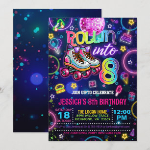 Neon Roller Skate 8:e födelsedagsinbjudan Inbjudningar