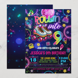Neon Roller Skate 9:e födelsedagsinbjudan Inbjudningar
