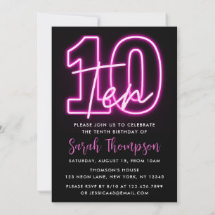 Neon Rosa 10:e födelsedagsinbjudan Inbjudningar