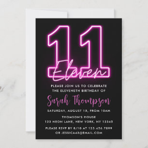 Neon Rosa 11:e födelsedagsinbjudan Inbjudningar