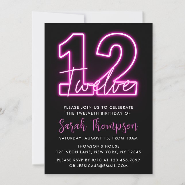Neon Rosa 12:e födelsedag Inbjudningar (Framsida)