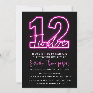 Neon Rosa 12:e födelsedag Inbjudningar