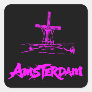 Neon Rosa Amsterdam Väderkvarn Sketch Modern Svart Fyrkantigt Klistermärke