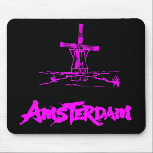 Neon Rosa Amsterdam Väderkvarn Sketch Modern Svart Musmatta