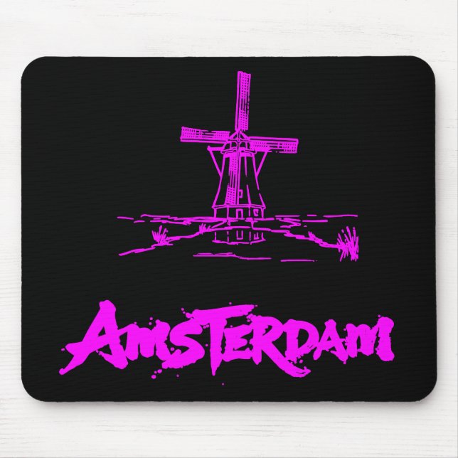 Neon Rosa Amsterdam Väderkvarn Sketch Modern Svart Musmatta (Framsidan)