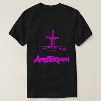 Neon Rosa Amsterdam Väderkvarn Sketch Modern Svart T Shirt
