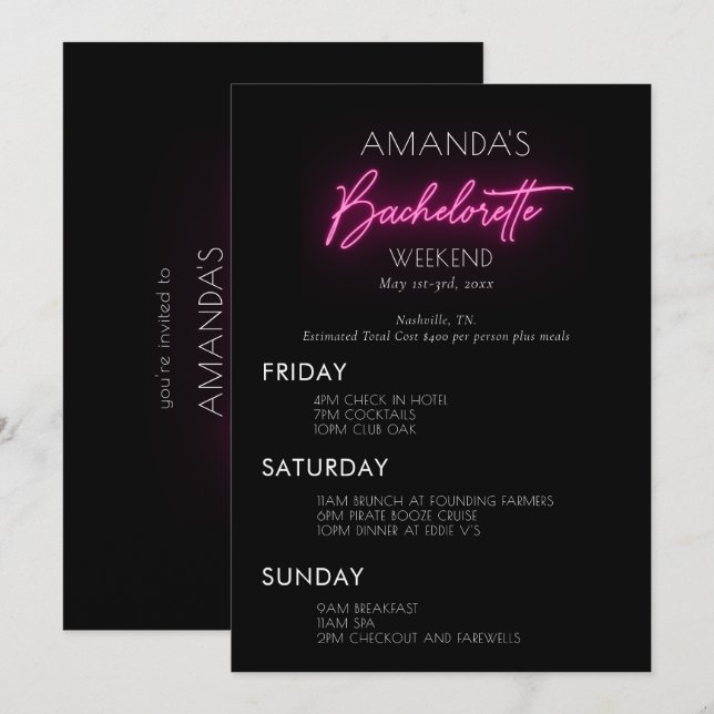 Neon Rosa Bachelorette Helg Itinerary Inbjudningar (Fram/baksida)