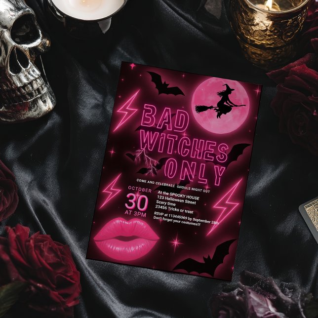 Neon Rosa Bad Witches Halloween Girls Natt ut Inbjudningar (Neon Pink Bad Witches Halloween Girls Night Out Invitation)