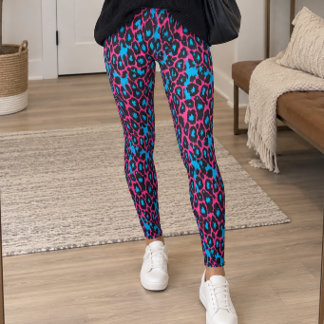 Neon Rosa Blå Leopardtryck Leggings