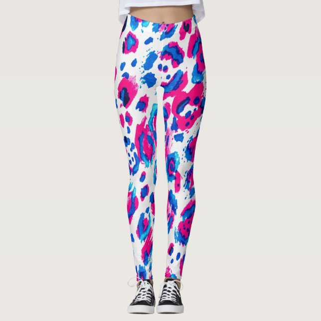 Neon Rosa Blå Leopardtryck Leggings (Framsida)