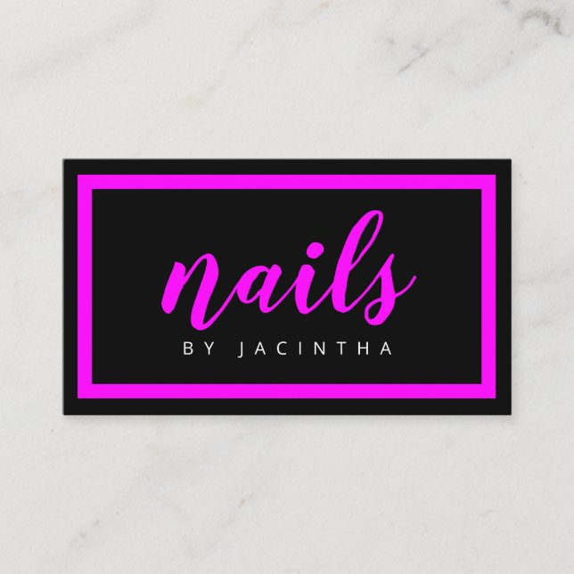 Neon Rosa Black Nail Technician Salon Retro Anpass Visitkort (Framsida)