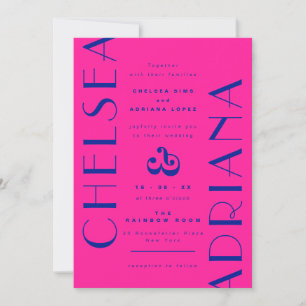 Neon Rosa Blue Art Deco Typography Bröllop Inbjudningar